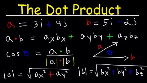 May 4, 2023 · The dot product of two vectors A and B is defined as the scalar value AB cosθ, where θ is the angle between them such that 0 ≤ θ ≤ π. It is denoted by A ⋅ B by placing a dot sign between the vectors. So we have the equation, A ⋅ B = AB cosθ. The dot product of vectors is also known as the scalar product of two vectors. 